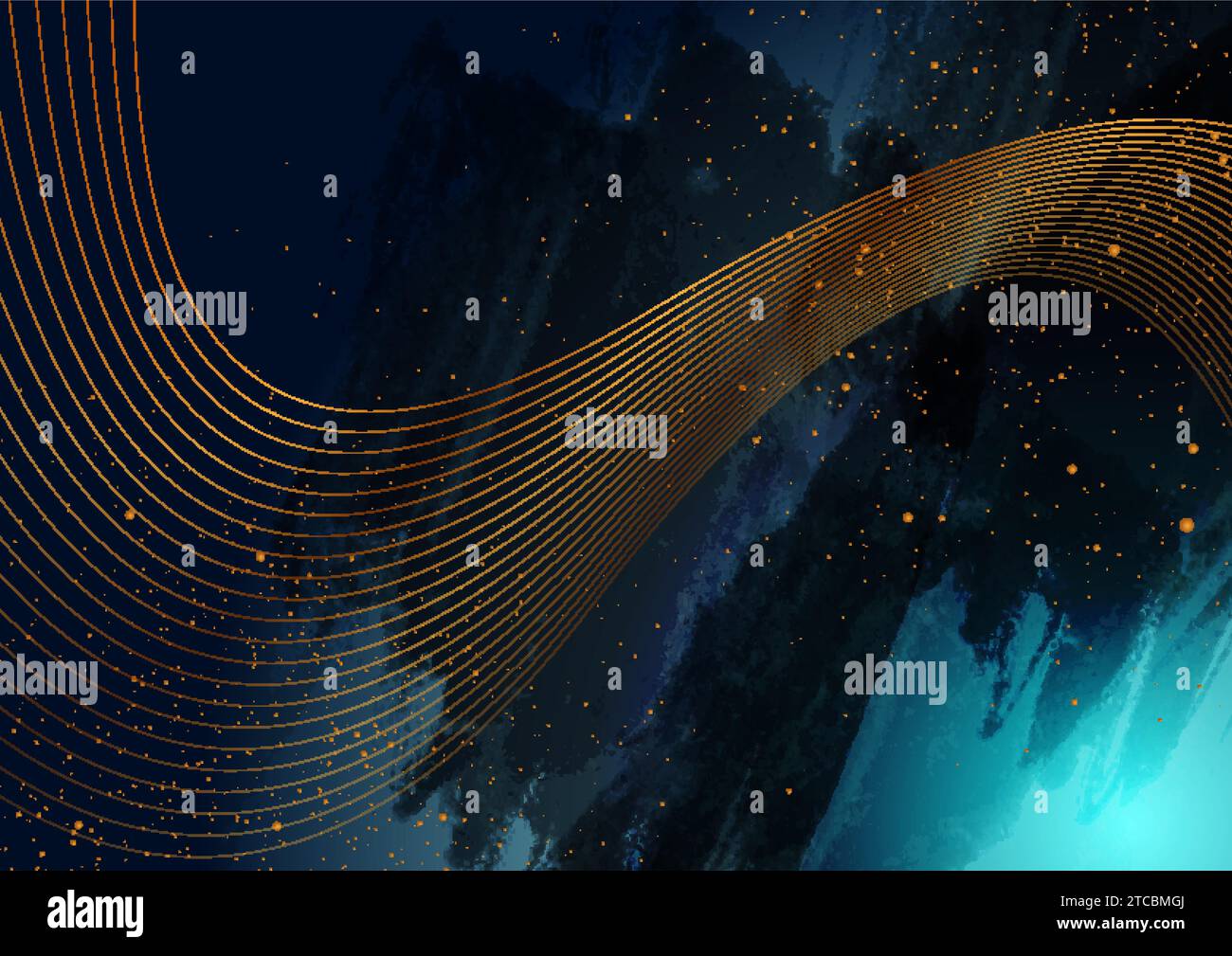 Linee ondulate e puntini dorati su sfondo grunge blu scuro. Progettazione vettoriale Illustrazione Vettoriale
