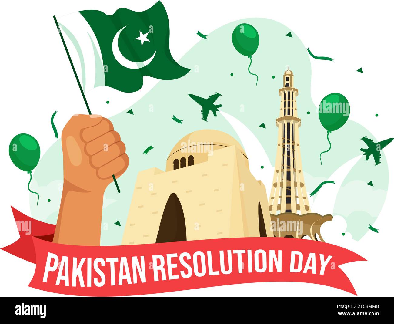 Illustrazione vettoriale del giorno della risoluzione del Pakistan felice il 23 marzo con bandiera sventolante e punti di riferimento in National Holiday Flat Cartoon background Design Illustrazione Vettoriale