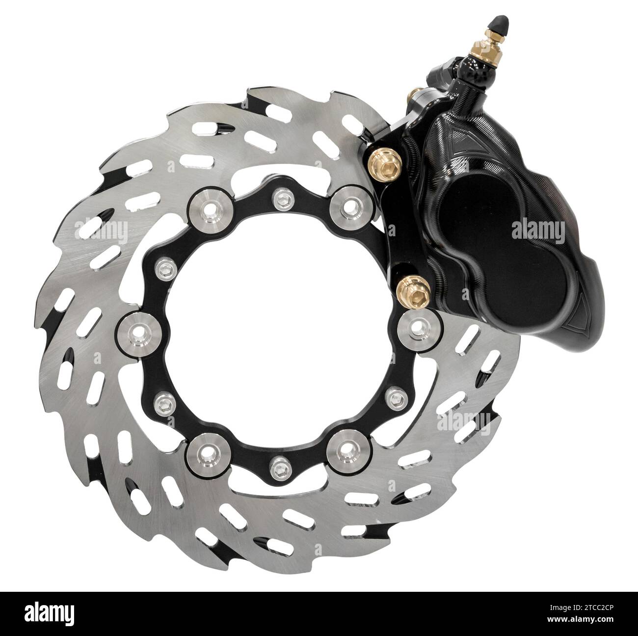 Dettaglio del nuovo sistema dei dischi dei freni metallizzati color argento della motocicletta isolato su sfondo bianco Foto Stock