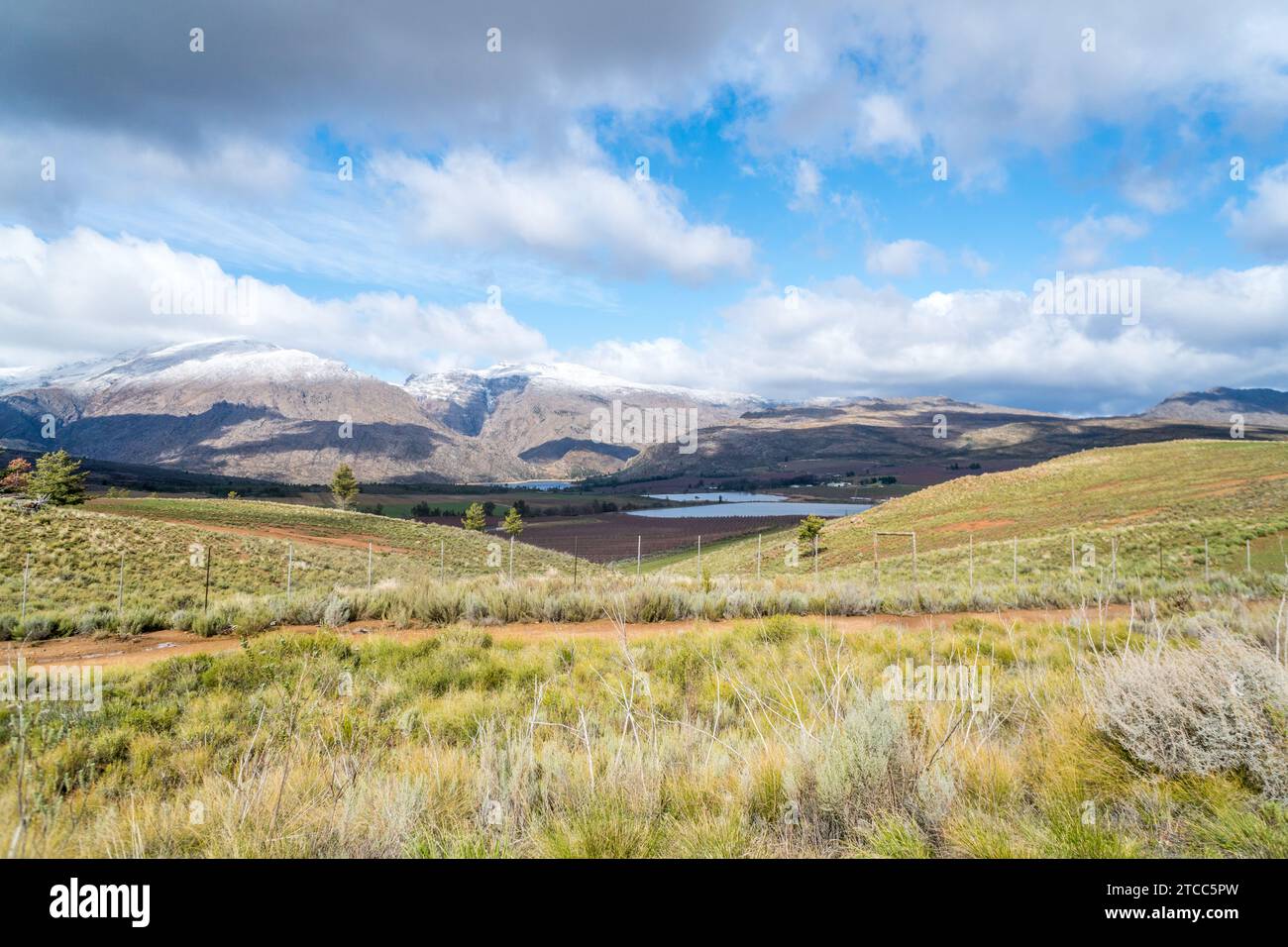 Cerere, Capo Occidentale, regione rurale e paesaggistica agricola del Sudafrica nella stagione invernale con neve sulle montagne Foto Stock