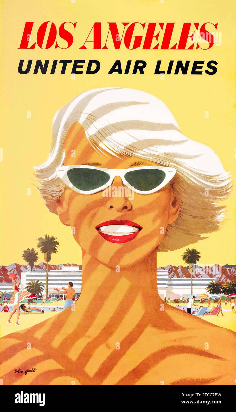 Poster di viaggio vintage - LOS ANGELES, United Airlines, c 1955 - donna bionda sulla spiaggia con sfondo giallo Foto Stock