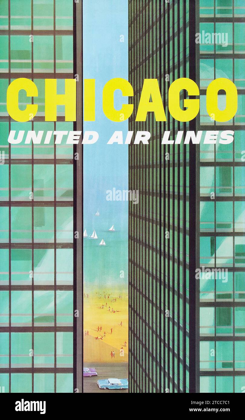 Poster di viaggio vintage - poster pubblicitario United Airlines Chicago (United Airlines, anni '1950) grattacieli e spiaggia Foto Stock
