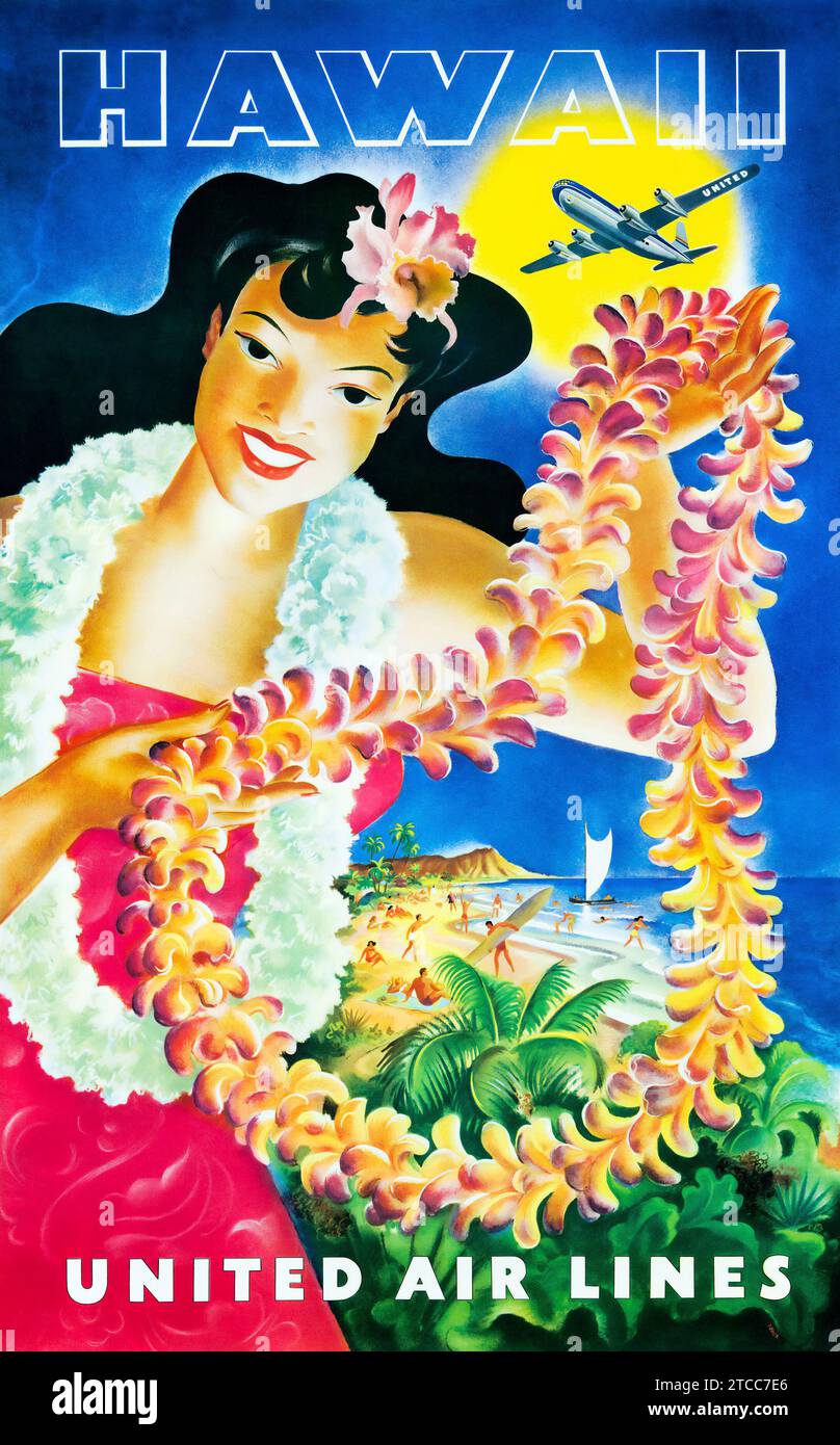 Poster di viaggio vintage - Hawaii, United Air Lines, Hawaiian Girl with Leis, anni '1950 Foto Stock