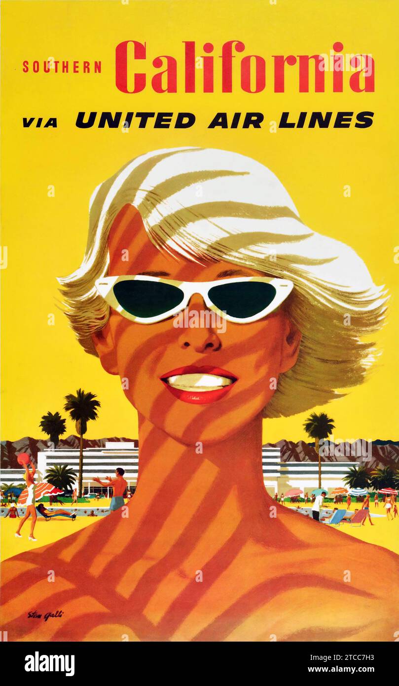 Poster di viaggio vintage - United Airlines, California del sud, 1955 - donna bionda sulla spiaggia con sfondo giallo Foto Stock