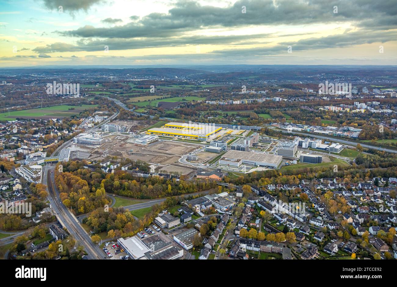 Vista aerea, grande cantiere Mark 51/7, campus o-Werk e nuovo quartiere scientifico e tecnologico, ex sito Opel sull'autostrada A448 e B226 Wi Foto Stock