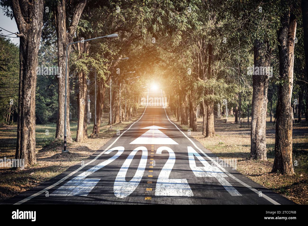 Piani per il nuovo anno 2024 con concetto di visione. numero 2024 scritto al centro della strada asfaltata con la freccia rivolta in avanti e la luce del sole per iniziare Foto Stock