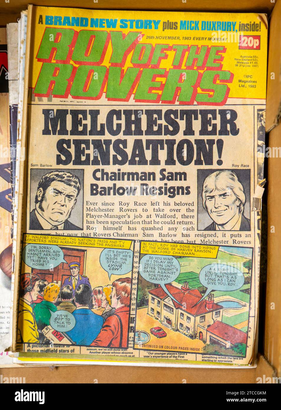 Prima pagina titoli Roy of the Rovers fumetto 1983, Suffolk, Inghilterra, Regno Unito Foto Stock