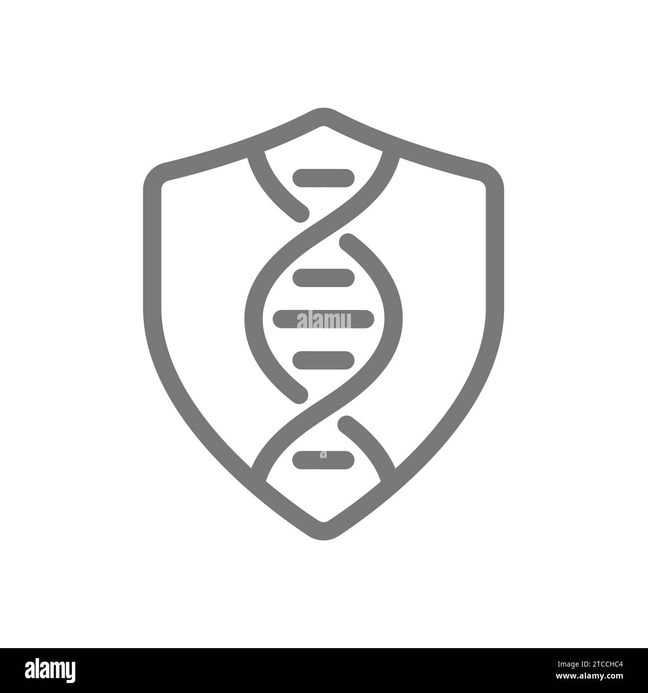 Icona del vettore di linea del DNA e dello scudo. Protezione del genoma, ingegneria genetica e simbolo della biotecnologia. Illustrazione Vettoriale
