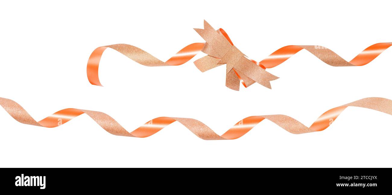 Nastro di arco legato dorato isolato su sfondo bianco. Nastro satinato oro su sfondo trasparente Foto Stock