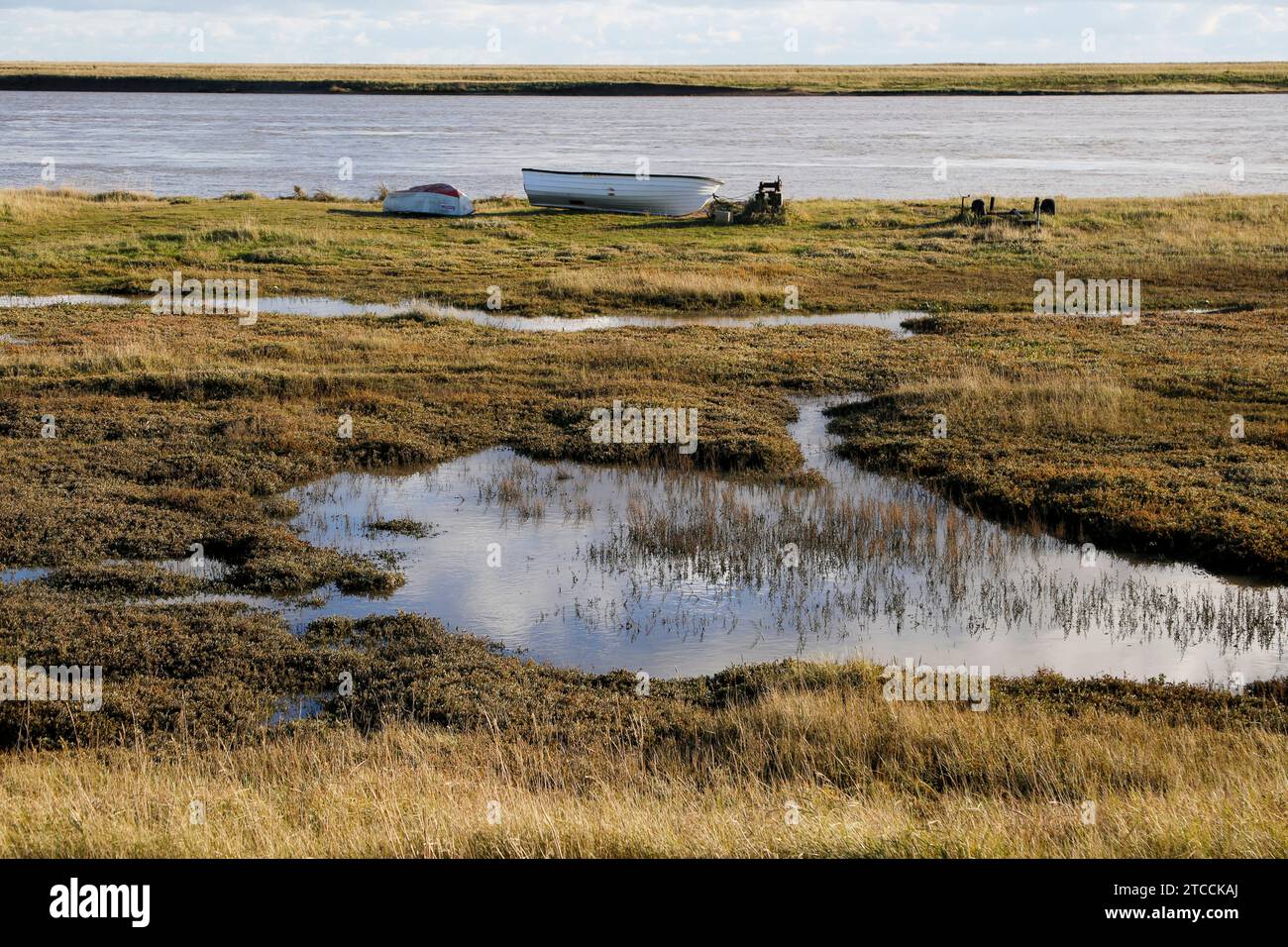 Paesaggio delle saline delle paludi salate River ore e Orford Ness Shingle Spit, vicino a Shingle Street, Suffolk, Inghilterra, Regno Unito Foto Stock