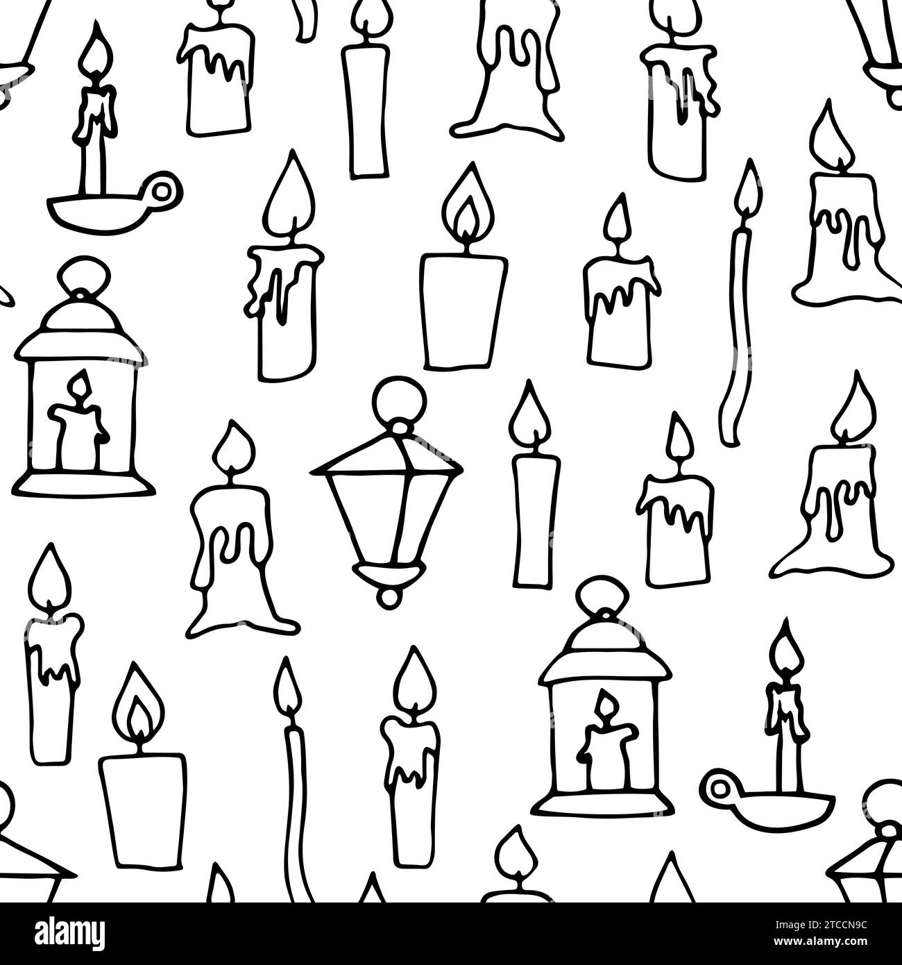 Candele galleggianti a fuoco Doodle modello senza cuciture. Candelabro lineare disegnato a mano, lampada su sfondo bianco. Vacanze, Natale, chiesa, Halloween drippin Illustrazione Vettoriale