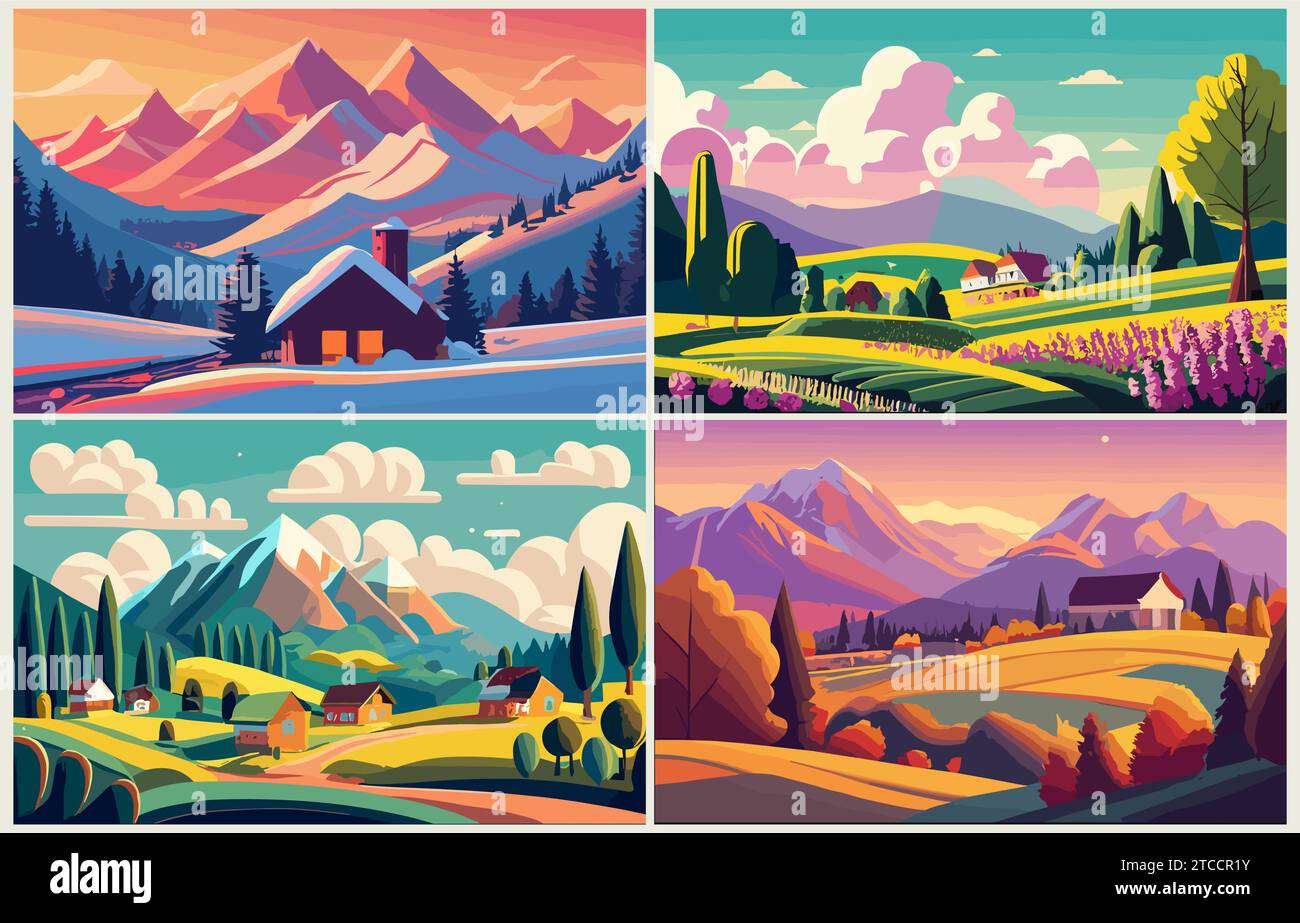 Set di quattro stagioni sfondi vettoriali, banner. Illustrazione Vettoriale