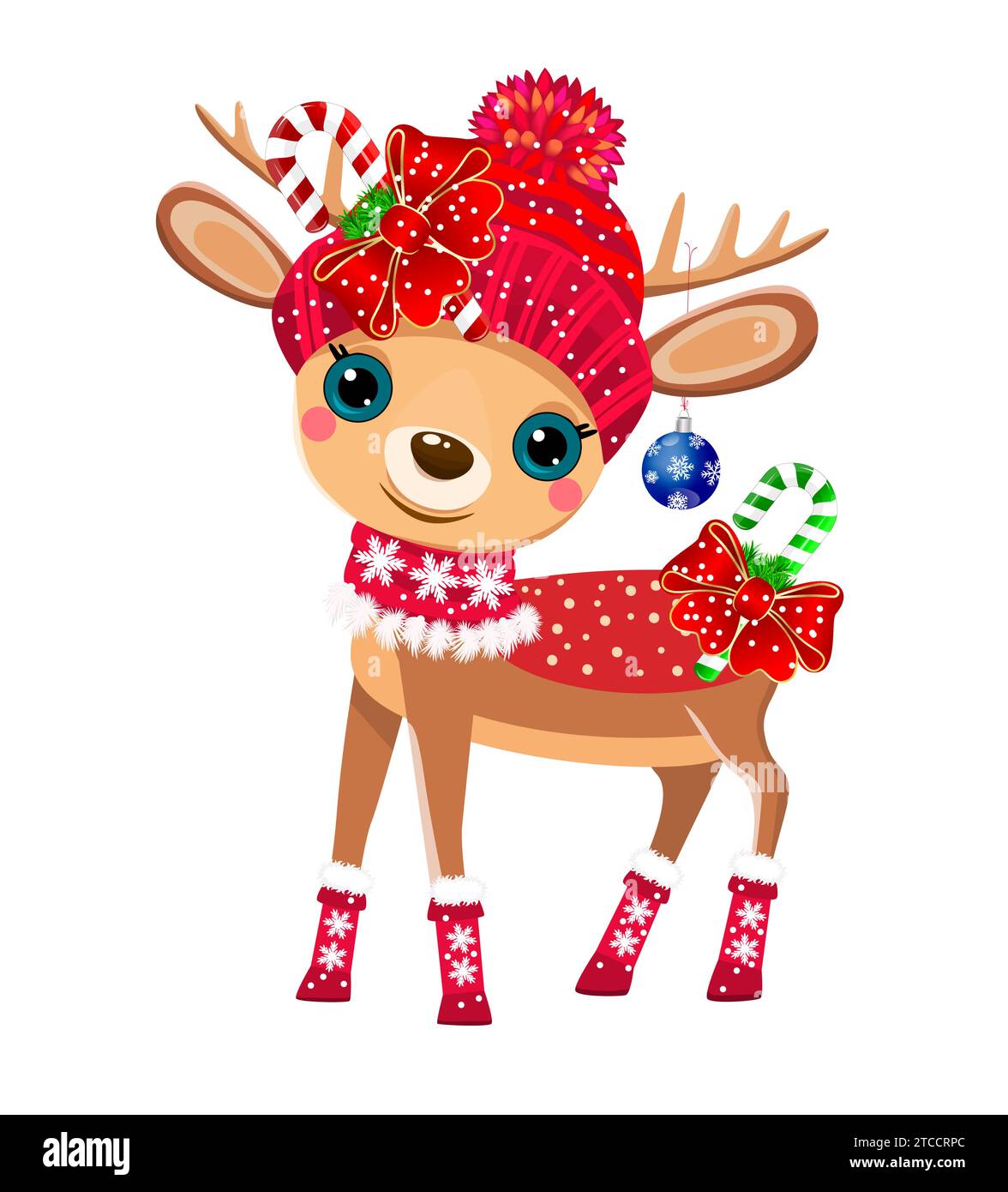 Un piccolo carino cervo da cartoni animati vestito con un cappello a maglia rossa e decorato con palle di Natale, fiocchi e caramelle. Illustrazione Vettoriale