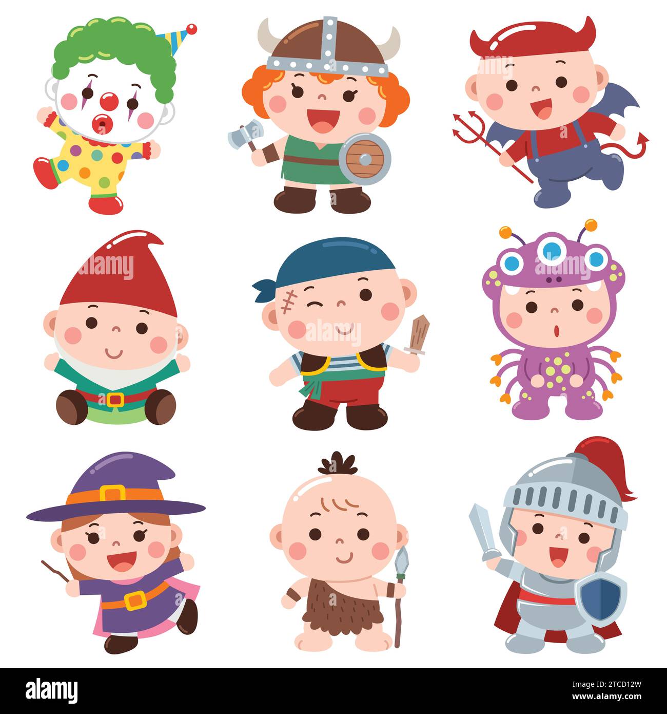 Una deliziosa e colorata illustrazione in stile cartone animato con bambini vestiti con vari abiti fantasia e a tema costume. Illustrazione Vettoriale