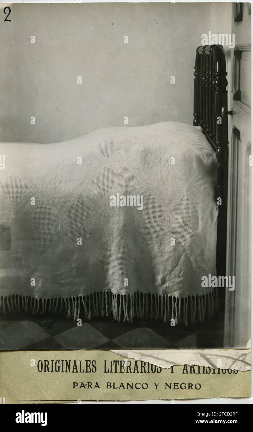 Madrid, 13/03/1921. Arresto del meccanico Pedro Mateu, per l'omicidio di Eduardo dato. Nell'immagine, la camera da letto occupata dal criminale. Crediti: Album / Archivo ABC Foto Stock