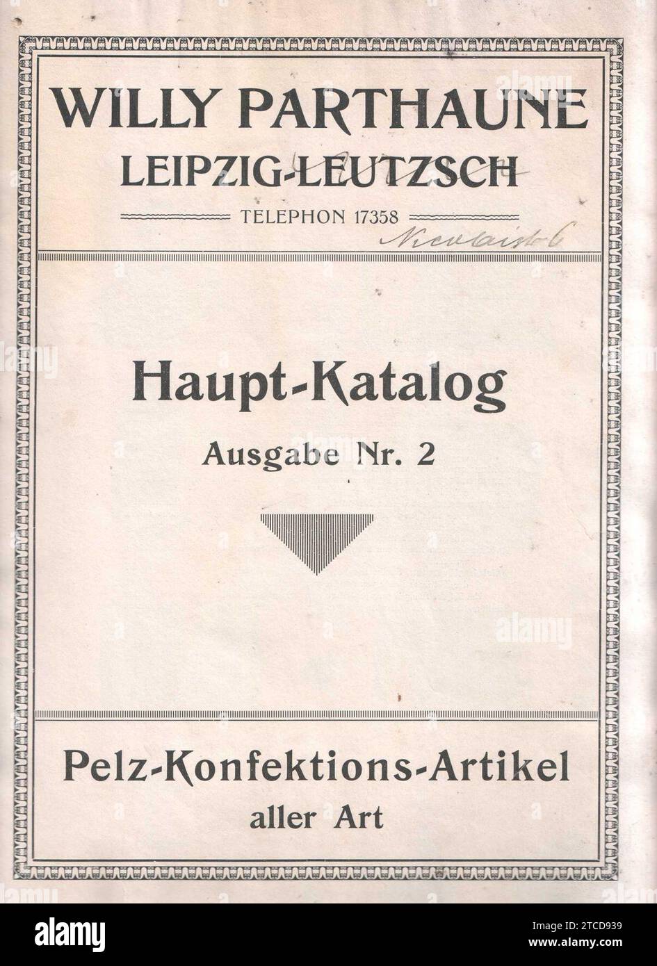 Willi Parthaune, Lipsia-Leutzsch, Pelz-Konfektions-Artikel aller Art (Katalog) (pagina 01 Titelblatt). Foto Stock
