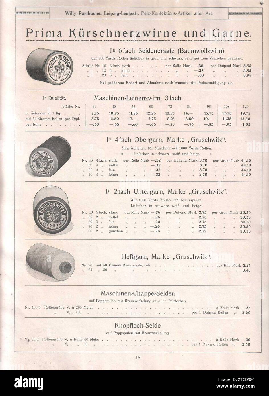 Willi Parthaune, Lipsia-Leutzsch, Pelz-Konfektions-Artikel aller Art (Katalog) (seite 16 Kürschnerzwirne, Garne). Foto Stock