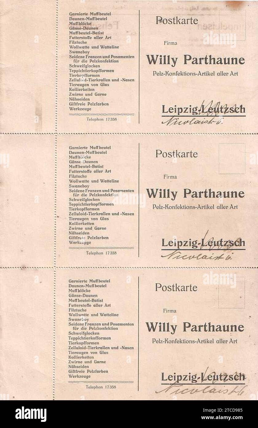 Willi Parthaune, Lipsia-Leutzsch, Pelz-Konfektions-Artikel aller Art (Katalog) (pagina 24 Bestellkarten). Foto Stock