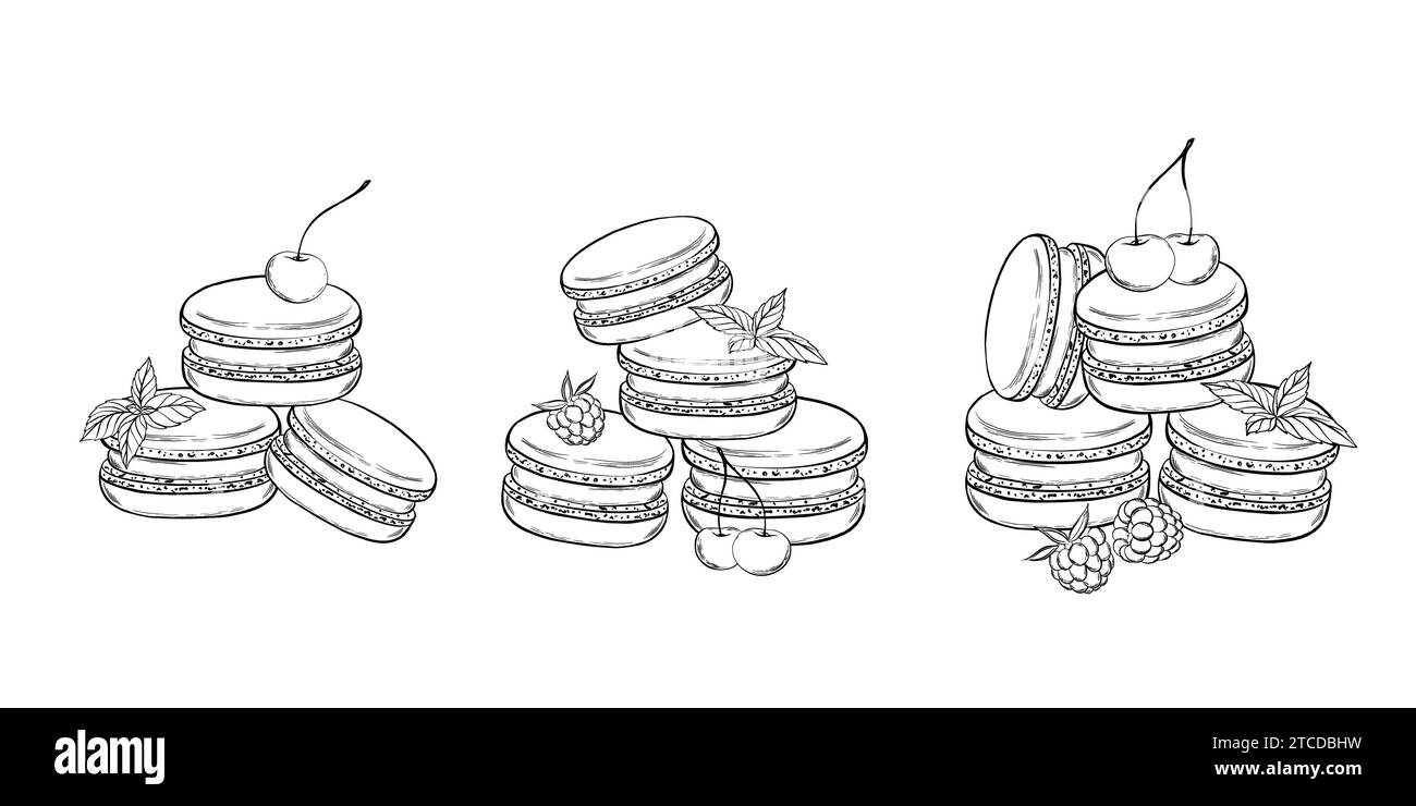 Set di macaron con frutti di bosco, panna e foglie di menta. Illustrazione vettoriale. Stile grafico. disegnato a mano in uno stile semplice e minimalista. Può essere utilizzato per Illustrazione Vettoriale