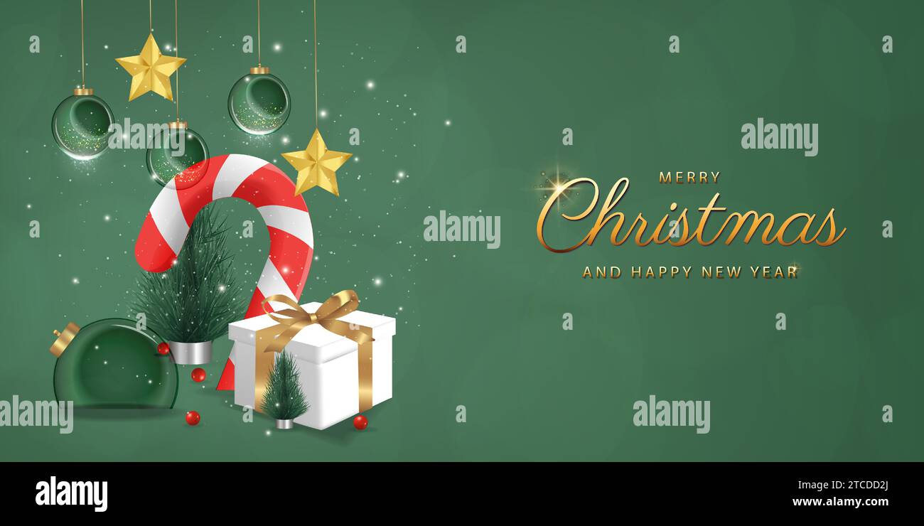 Felice anno nuovo. caramelle trasparenti natalizie con palle e scatola di regali sparsi di neve su sfondo verde, decorazioni 3d realistiche Illustrazione Vettoriale