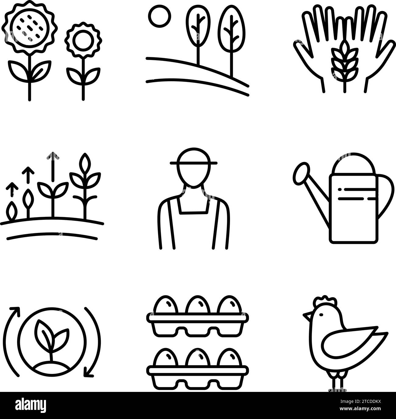 Set vettoriale di loghi, badge e icone per prodotti naturali agricoli e per la salute. Set di icone agricoltore. Delineare il set di icone vettoriali per l'isolamento del web design Illustrazione Vettoriale