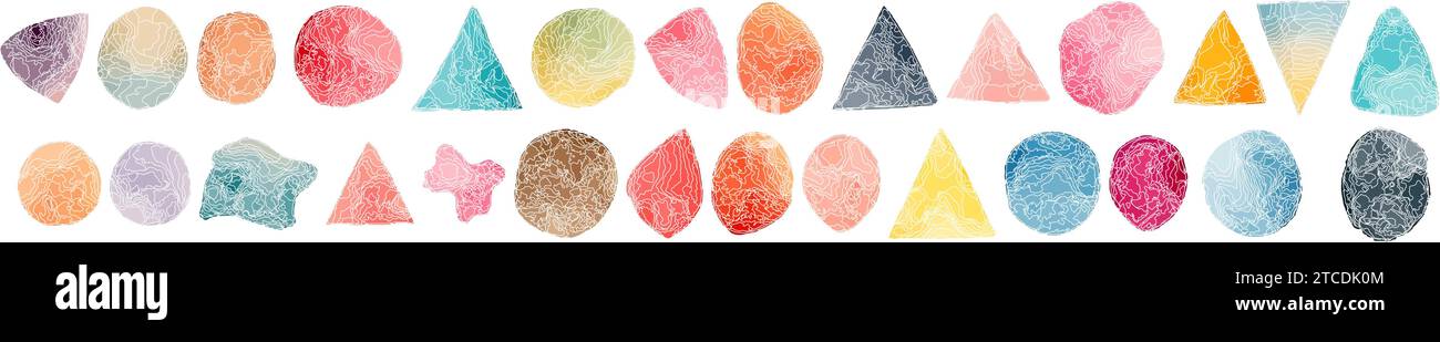 Set di coloratissimi acquerelli dipinti a mano con forme rotonde, macchie, cerchi, blobi isolati su bianco Illustrazione Vettoriale