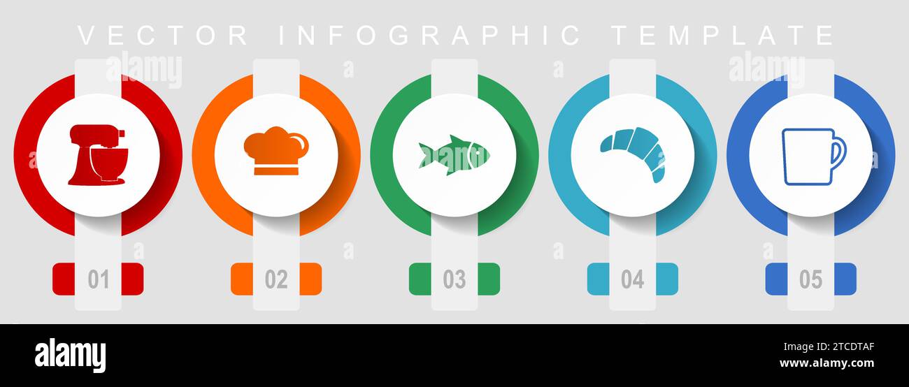 Set di icone di design piatto per cucinare, icone varie come mixer, cappello da chef, pesce, torta e tazza, modello infografico vettoriale, raccolta di pulsanti web Illustrazione Vettoriale