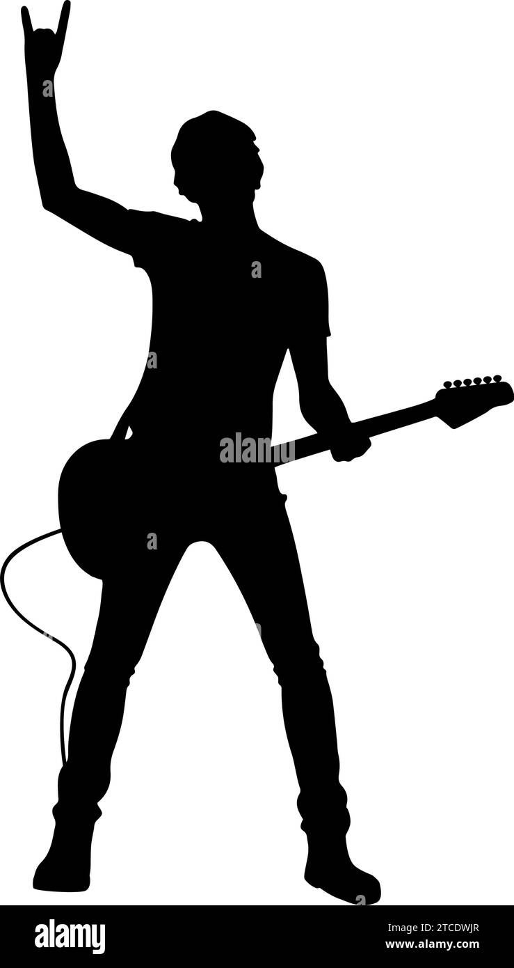 Silhouette di un uomo con chitarra elettrica con il gesto delle corna rock. illustrazione vettoriale Illustrazione Vettoriale