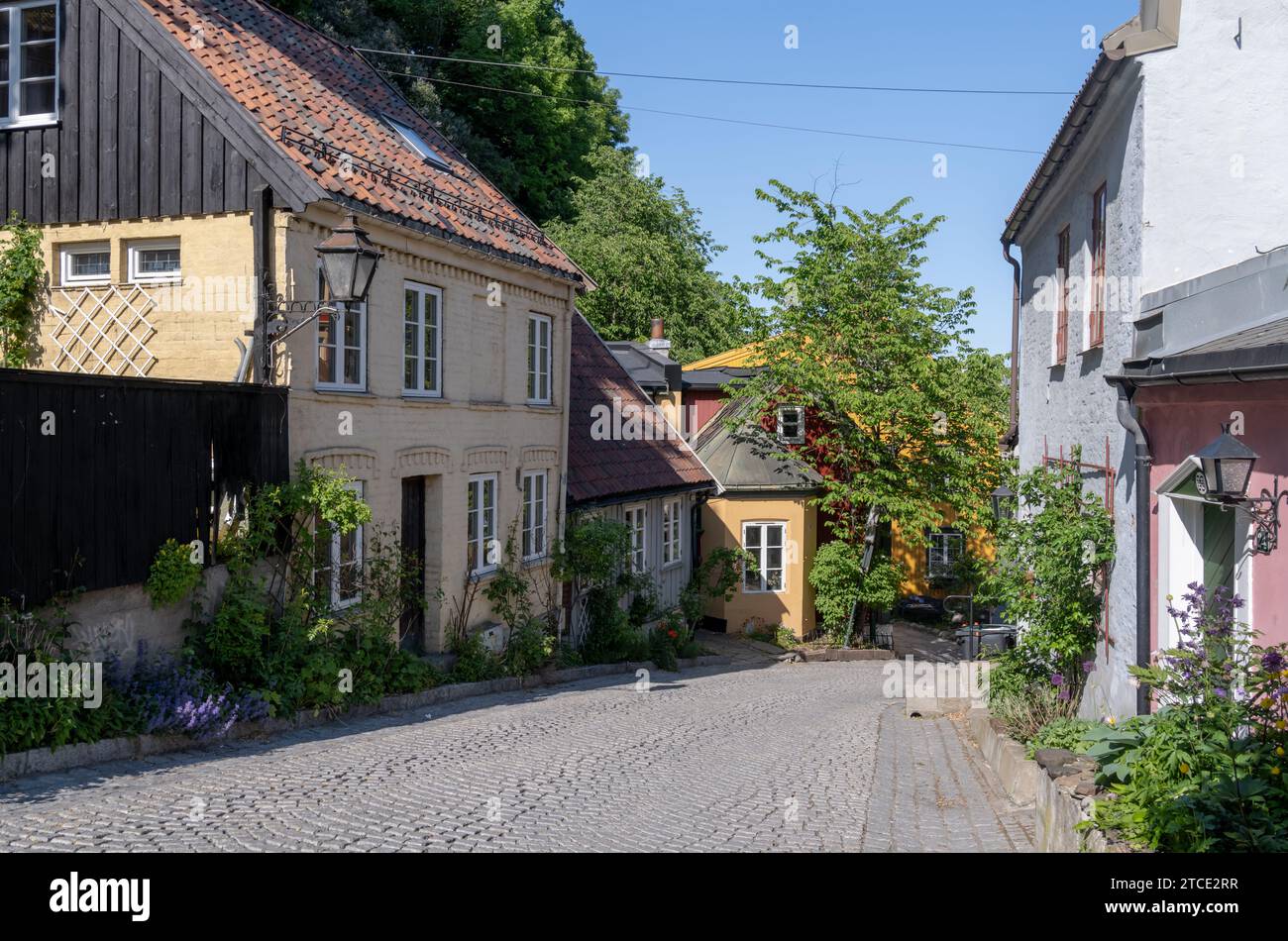 Pittoresche case tradizionali che fiancheggiano Damstredet nella parte vecchia di Oslo Foto Stock
