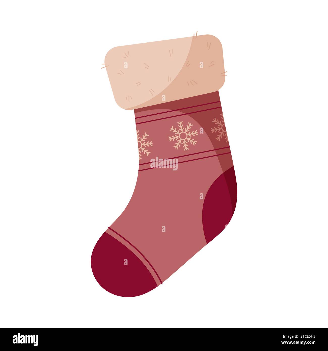 Calzino natalizio con fiocchi di neve. Calze per regali. Illustrazione vettoriale in stile cartone animato piatto isolato su sfondo bianco. Illustrazione Vettoriale
