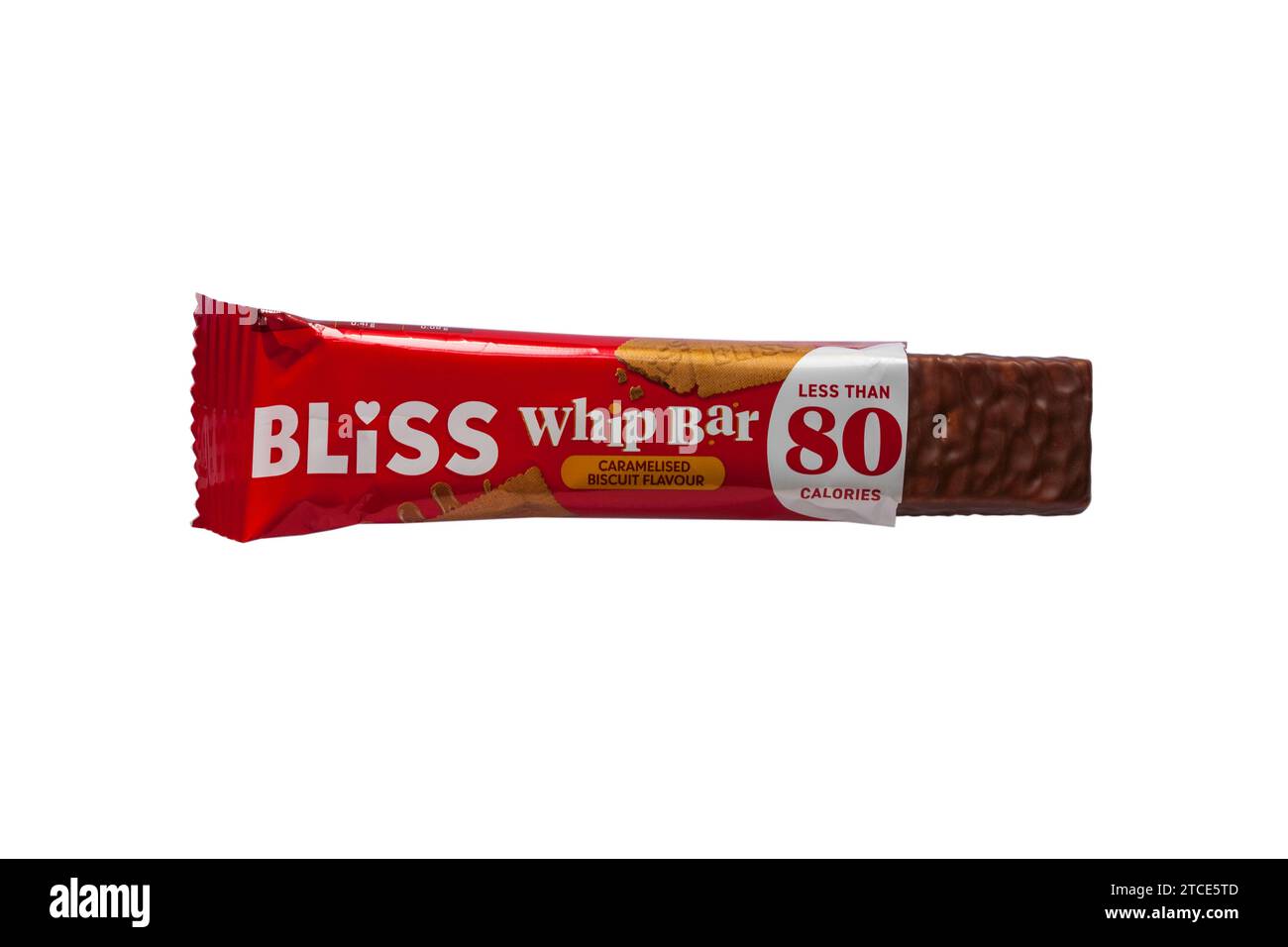 Il Bliss Whip Bar ha un sapore caramellato di biscotti con meno di 80 calorie aperte per mostrare contenuti isolati su sfondo bianco Foto Stock