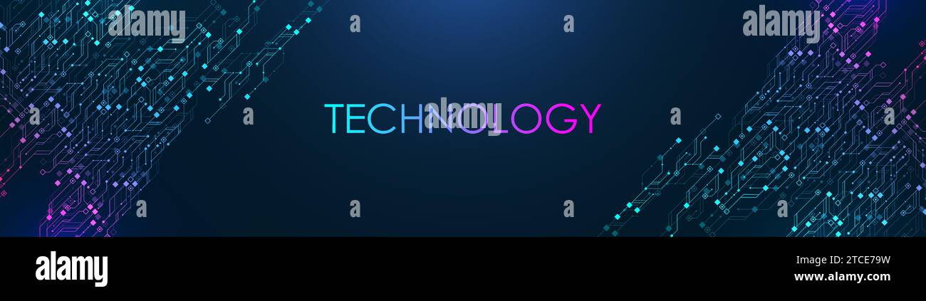 Modello di banner orizzontale blu moderno con struttura per schede a circuito stampato. Concetto di tecnologie informatiche quantistiche. Banner Web intestazione orizzontale Illustrazione Vettoriale