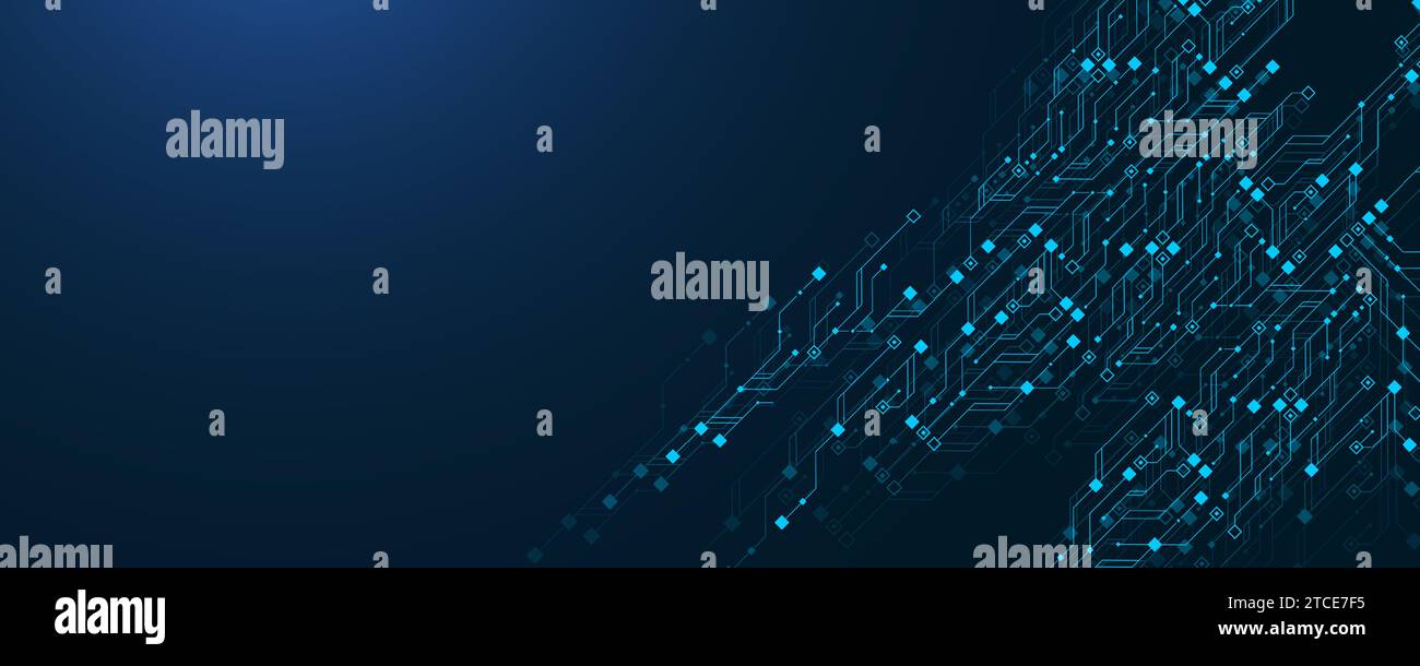 Modello di banner orizzontale blu moderno con struttura per schede a circuito stampato. Concetto di tecnologie informatiche quantistiche. Banner Web intestazione orizzontale Illustrazione Vettoriale