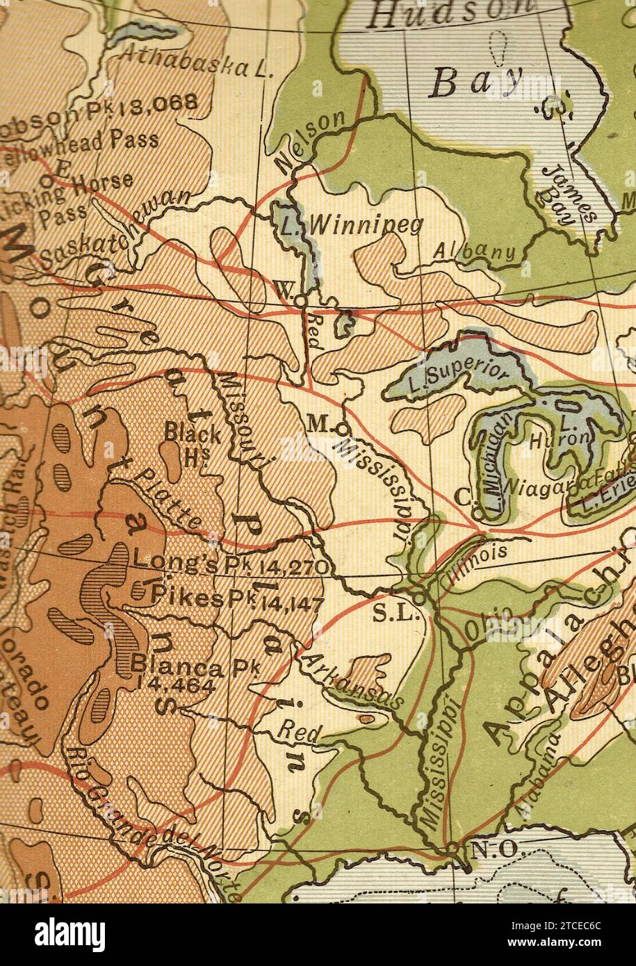 Una mappa geografica vintage/antica in seppia che mostra il Nord America centrale. Foto Stock