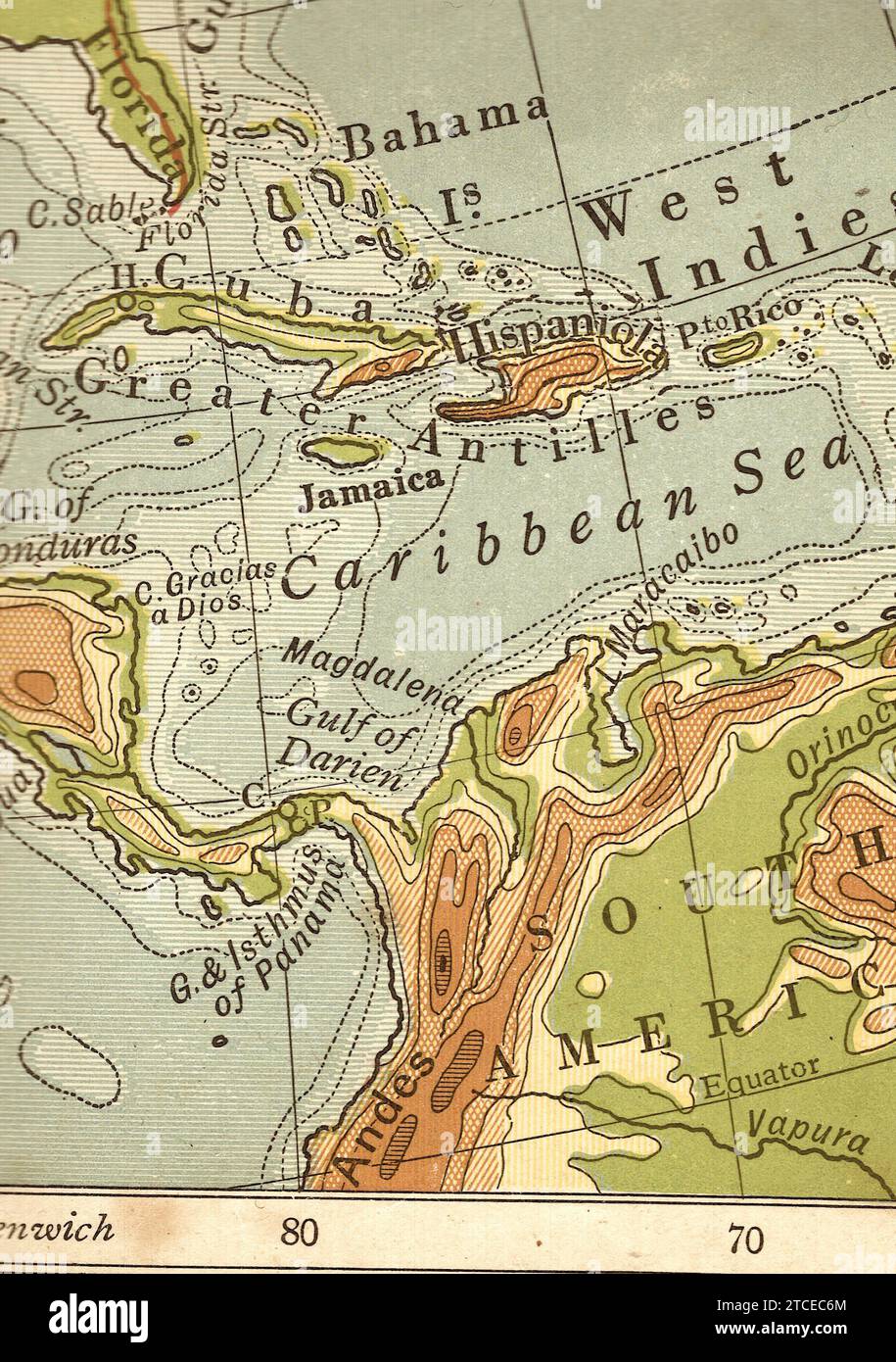 Una mappa geografica vintage/antica in seppia che mostra l'America centrale, il Venezuela e le isole del Mar dei Caraibi. Foto Stock
