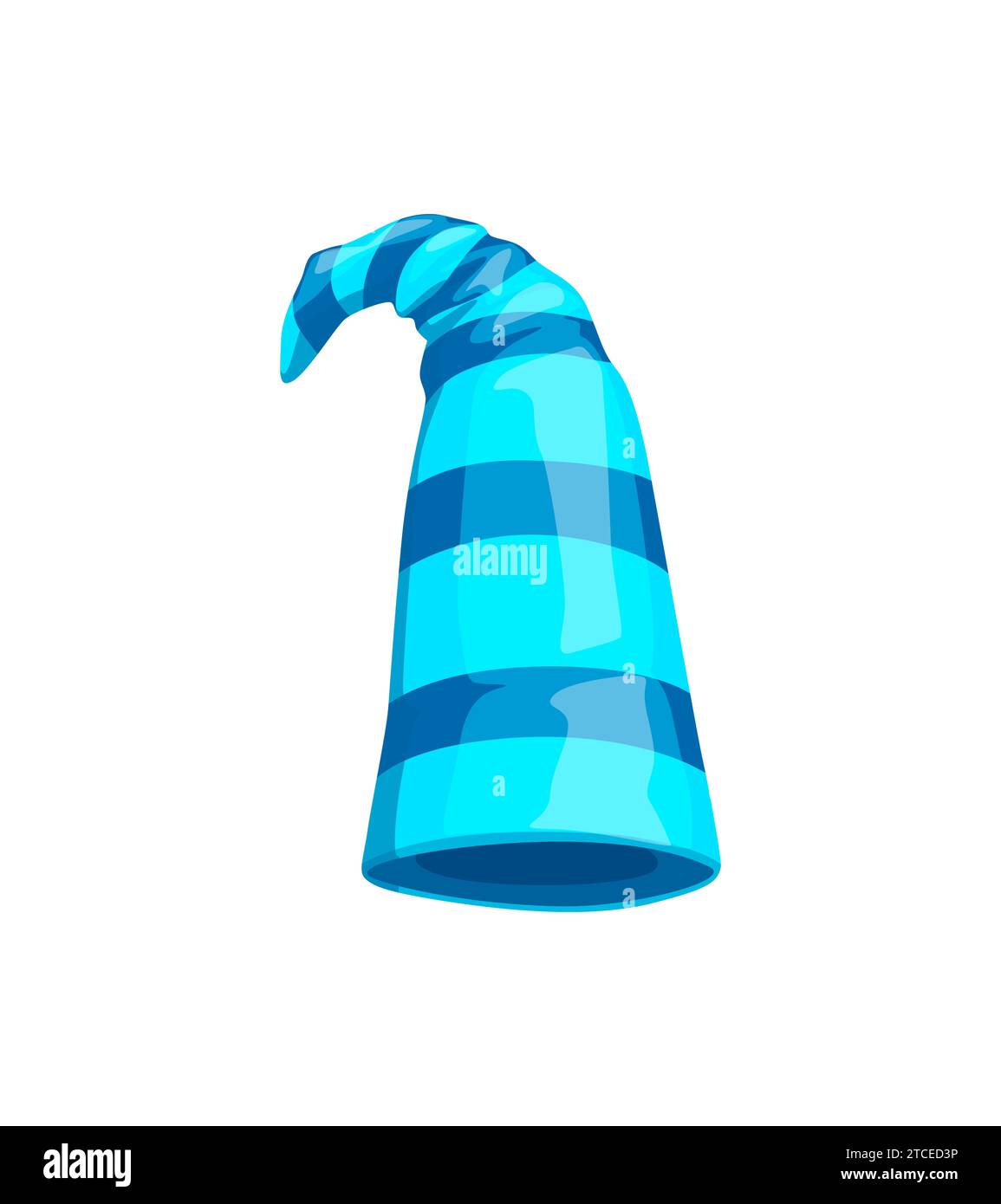 Cappello a righe, cappellino vettoriale a cartoni animati isolato, copricapo appuntito decorato con vivaci strisce blu, che aggiungono un tocco di incanto ai costumi fantasiosi e evocano un senso di fascino giocoso Illustrazione Vettoriale