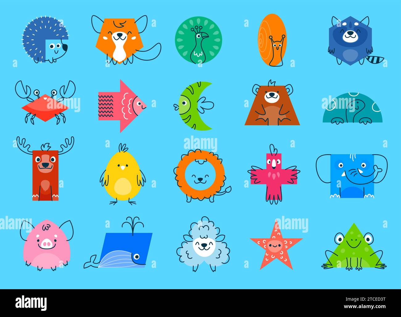 Personaggi animali cartoni animati con forme matematiche. Riccio, volpe, pavone, lumaca, procione e granchio, pesci, orsi, rettangolo di tartaruga, cerchio, triangolo e cubo, ellisse, pentagono forma personaggi divertenti vettoriali Illustrazione Vettoriale