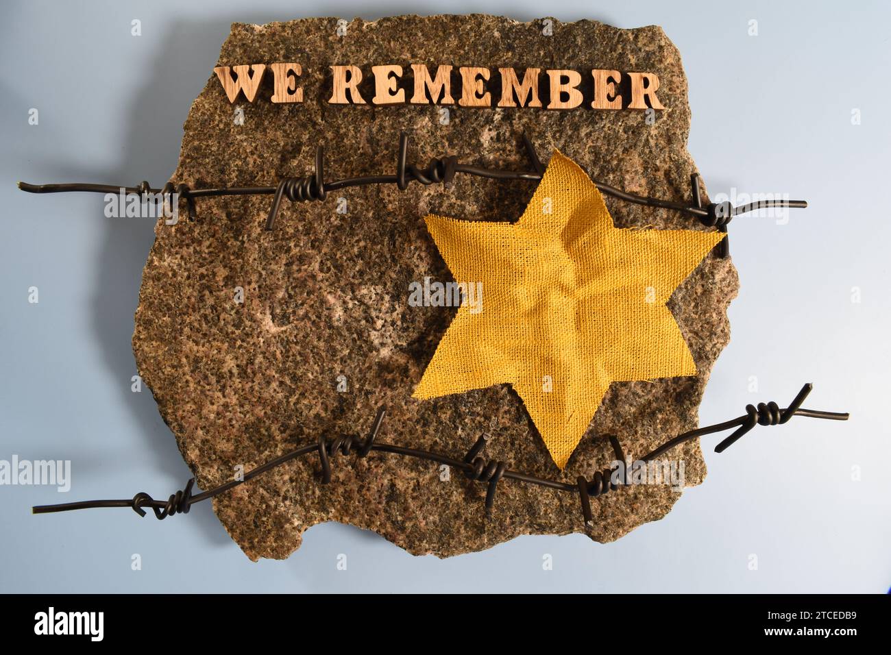 Giorno della memoria dell'Olocausto filo spinato david STAR Foto Stock