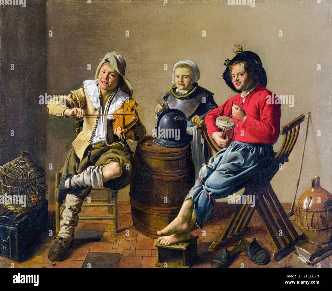 Jan Miense Molenaer, Two Boys and a Girl Making Music, pittura ad olio su tela, 1629 Foto Stock