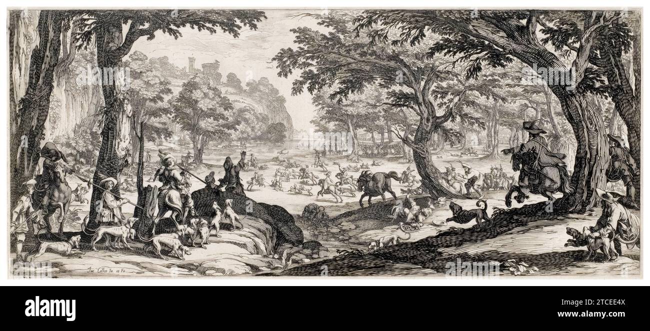 Jacques Callot, la caccia al cervo, incisione, 1619 Foto Stock