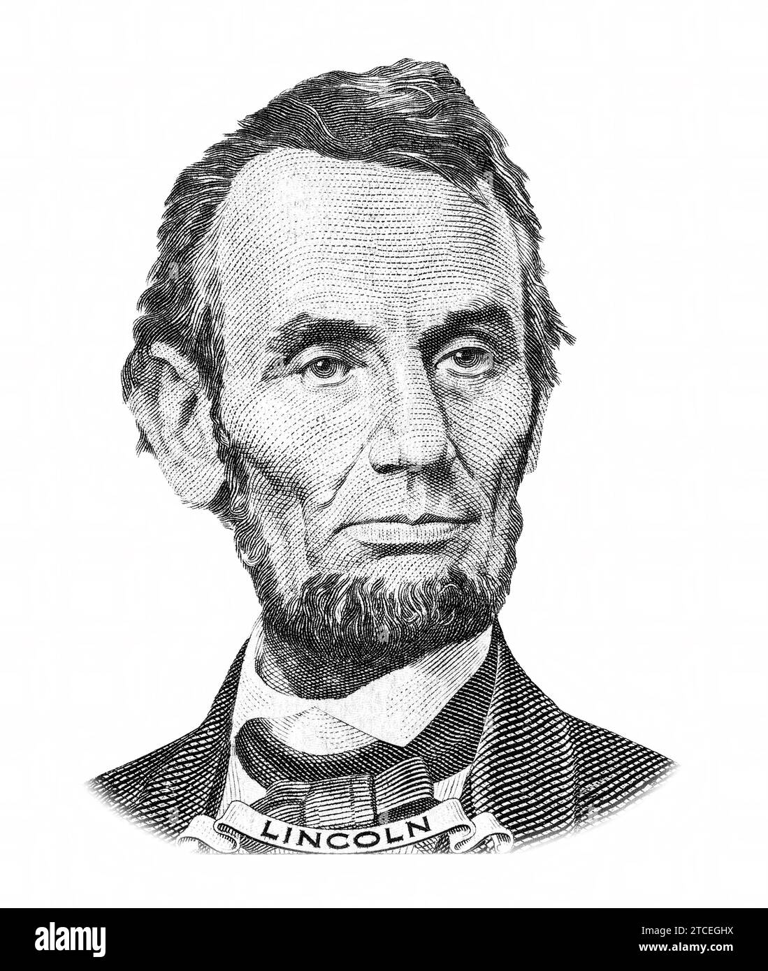 Il presidente Abraham Lincoln (1809-1865) ritratto da una banconota da cinque dollari americani Foto Stock