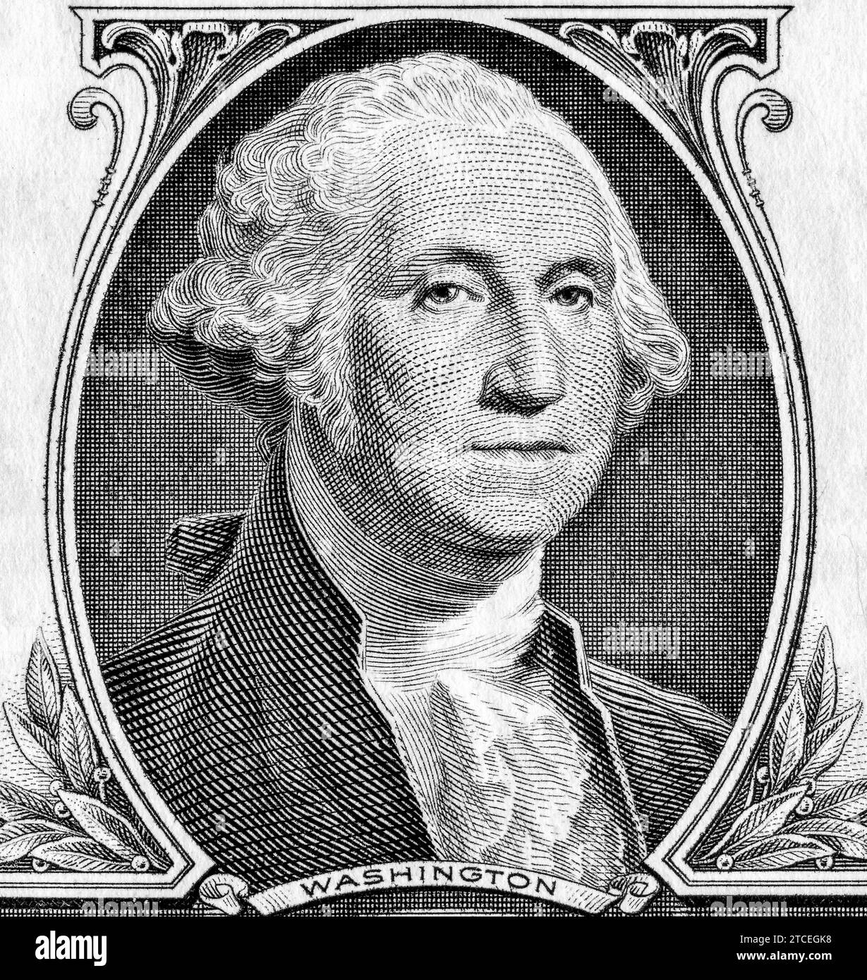 George Washington ritratto in bianco e nero da una banconota da un dollaro. Valuta cartacea STATUNITENSE Foto Stock