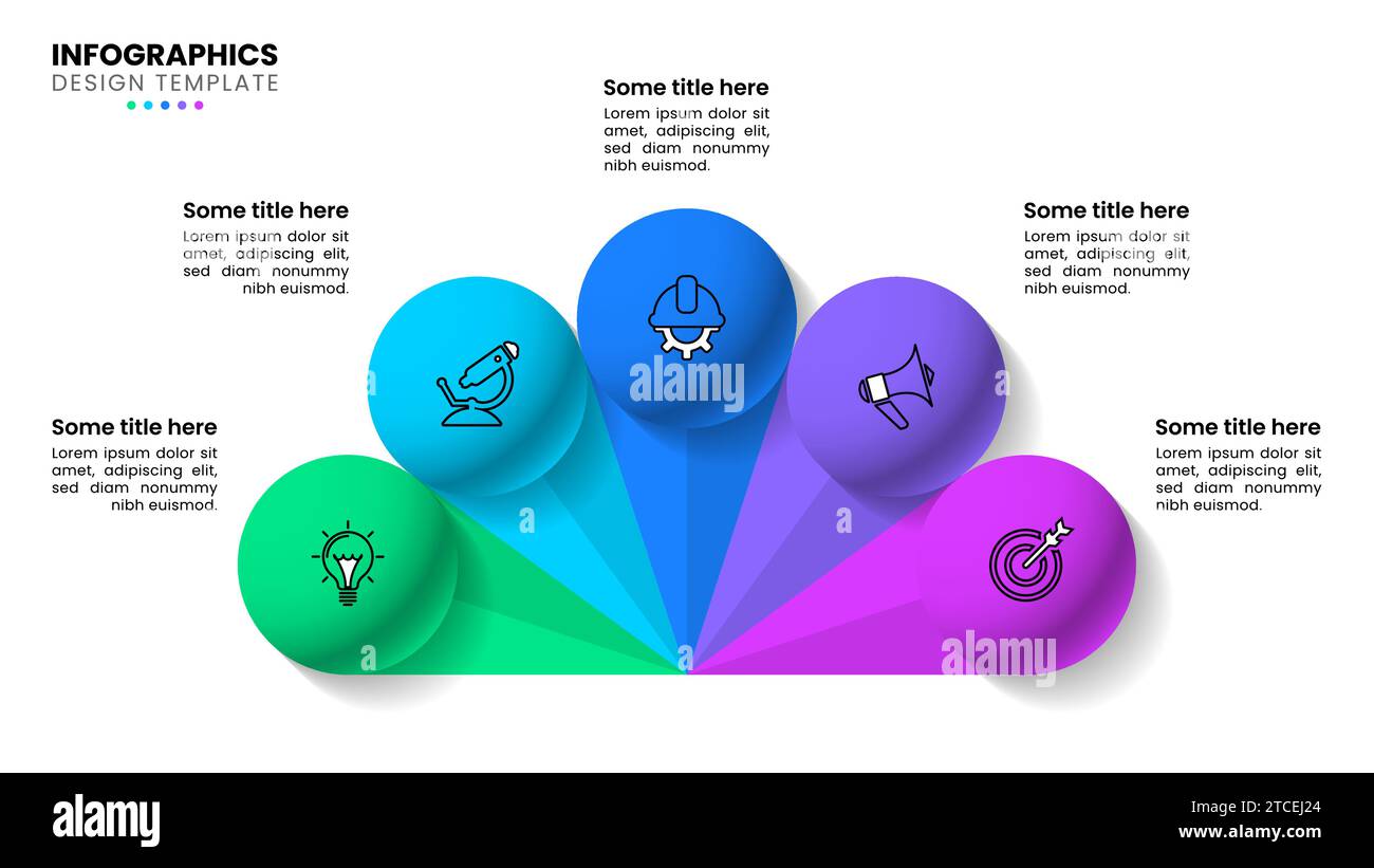 Modello infografico con icone e 5 opzioni o passaggi. Semicerchio. Può essere utilizzato per il layout del flusso di lavoro, il diagramma, il banner, il webdesign. Illustrazione vettoriale Illustrazione Vettoriale