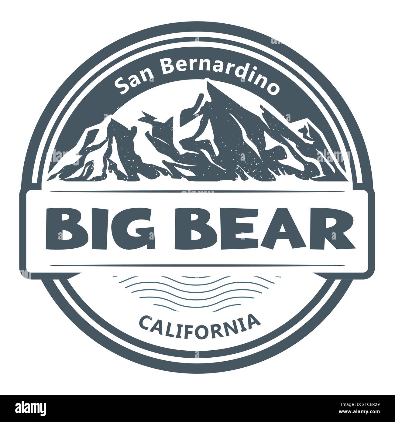 Marchio Big Bear City, emblema della California, timbro del resort San Bernardino con montagne innevate, vettoriale Illustrazione Vettoriale