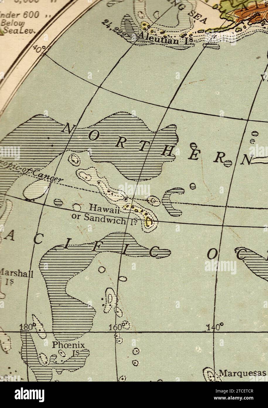 Una mappa geografica d'epoca/antica che mostra le Hawaii e l'Oceano Pacifico settentrionale. Foto Stock