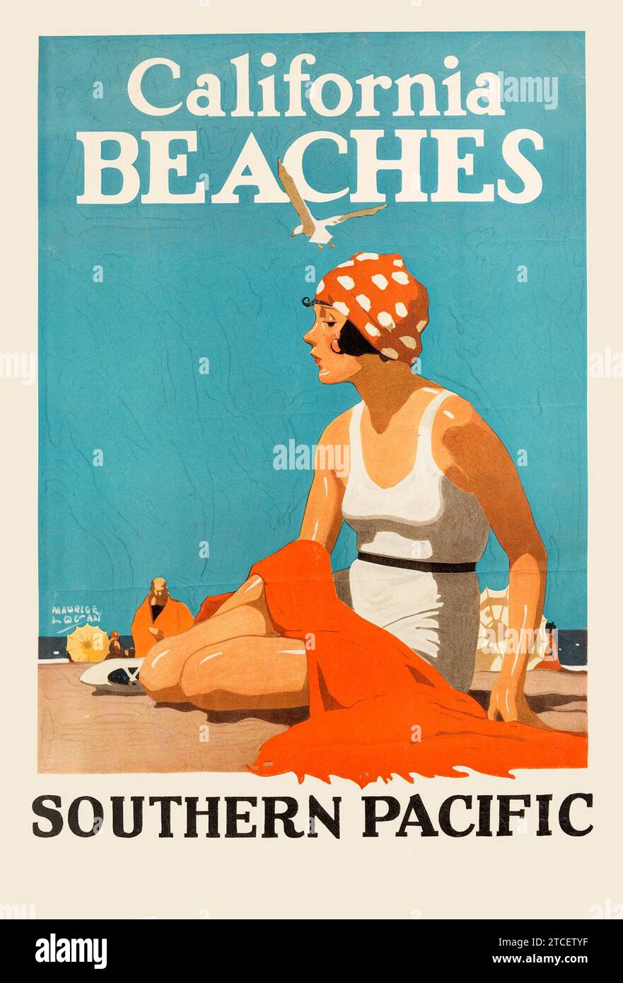 California Beaches - California Railroad Travel poster, Southern Pacific, 1920s Woman on the Beach - opere di Maurice Logan Foto Stock