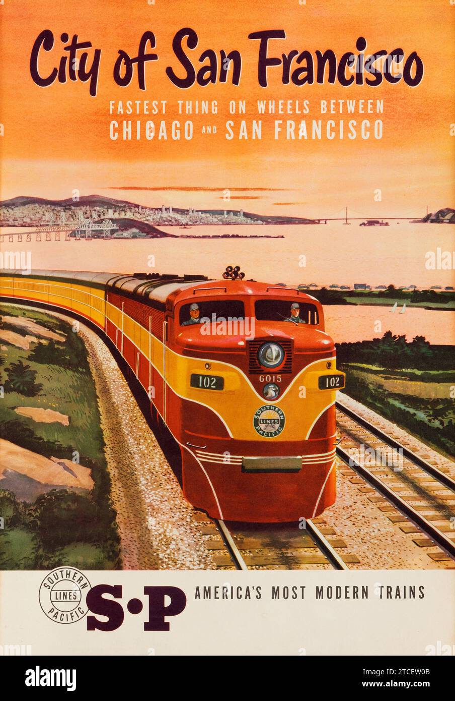 Southern Pacific - città di San Francisco (1950 circa). American Travel poster "la cosa più veloce su ruote tra Chicago e San Francisco". Foto Stock