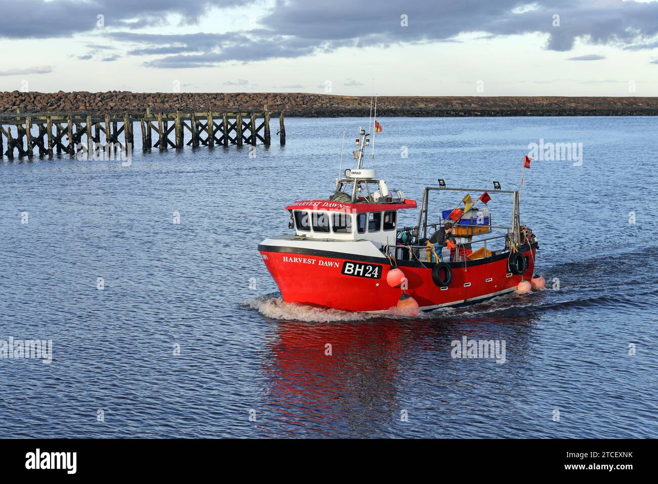 Barca da pesca di ritorno ad Amble Harbour, Northumberland, Regno Unito Foto Stock