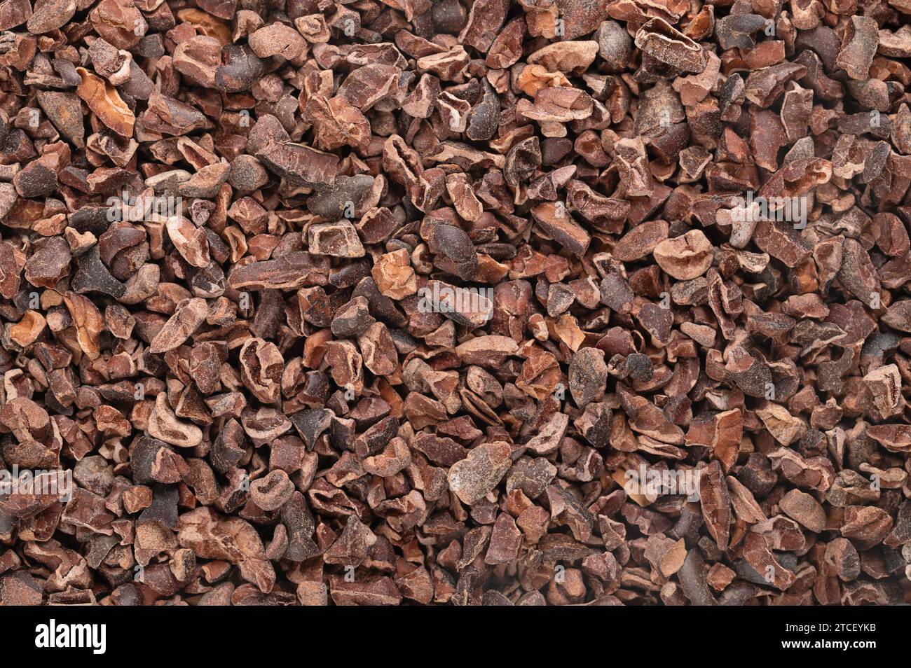 Pennini di cacao. Fondo con chicchi di cacao secchi e fermentati tritati, semi di Theobroma cacao, generalmente trasformati in cioccolato. Foto Stock