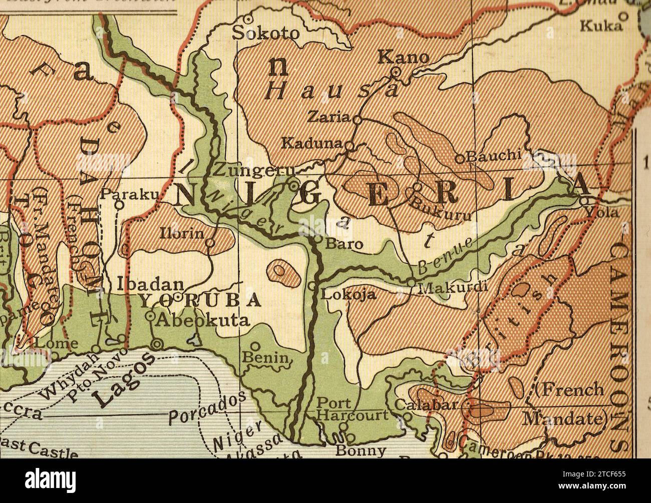 Una mappa geografica antica/vintage dell'Africa in seppia che mostra la Nigeria. Foto Stock